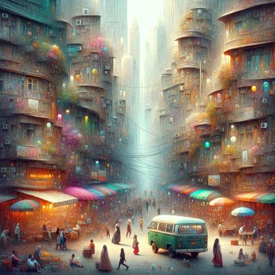The primary subject of the image is a busy city street filled with people and various vehicles. The setting is a bustling urban environment with tall buildings and a mix of pedestrians and vehicles, including a truck and a car. The visual style is a painting, which adds a sense of depth and vibrancy to the scene. The colors and mood are lively and energetic, capturing the essence of a lively city atmosphere.